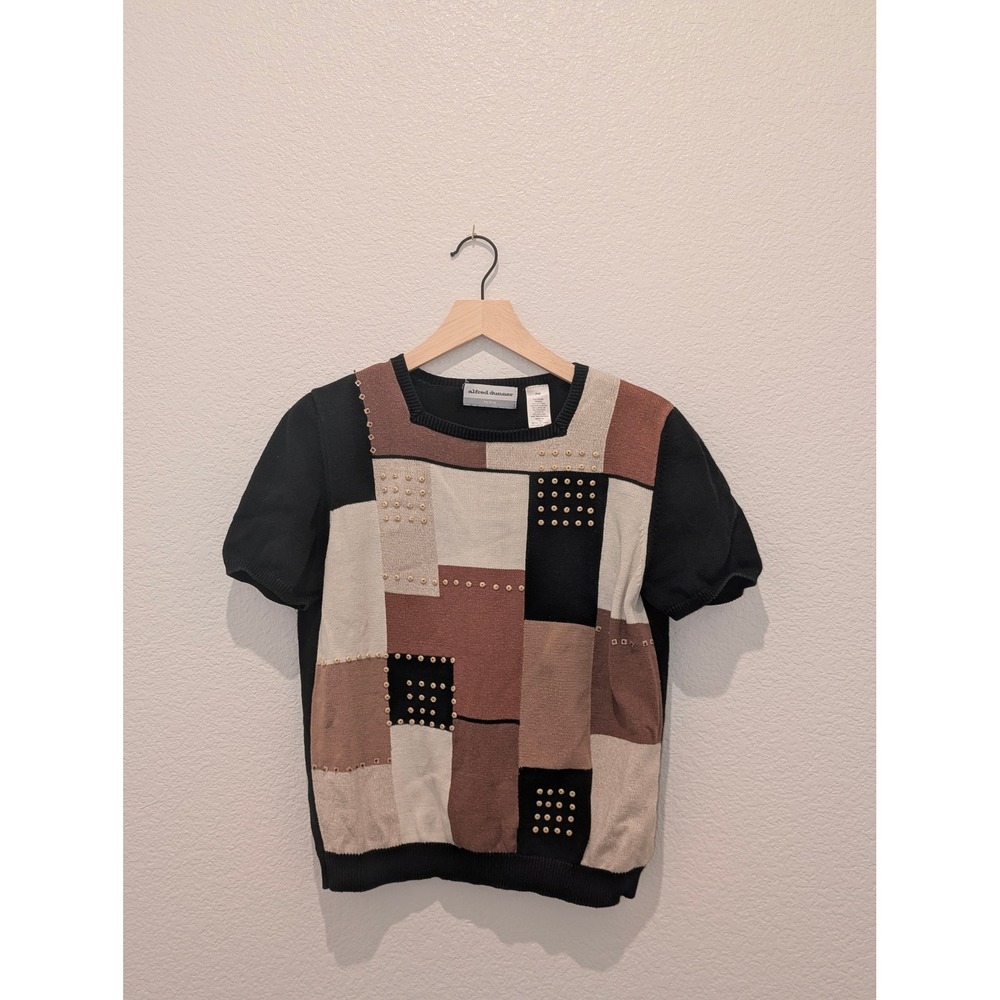Alfred Dunner Petite Short Sleeve Patchwork Sweater Top Black Brown PM